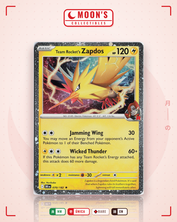 Carta Pokémon Team Rocket's Zapdos · Destined Rivals #070/182 (NM) — pieza única en Moon's Collectibles México
