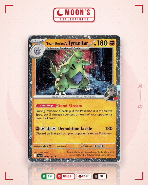 Carta Pokémon Team Rocket's Tyranitar · Destined Rivals #096/182 (NM) — pieza única en Moon's Collectibles México