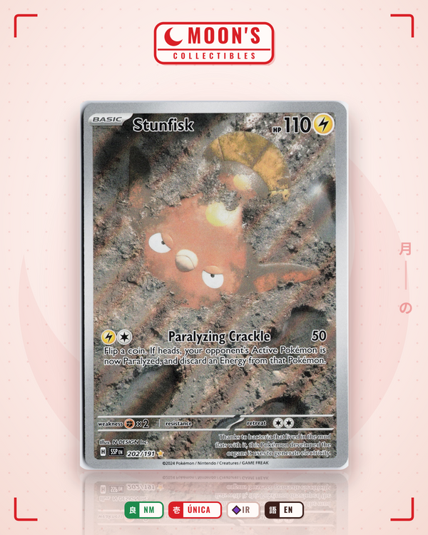 Carta Pokémon Stunfisk · Surging Sparks #202/191 (NM) — pieza única en Moon's Collectibles México