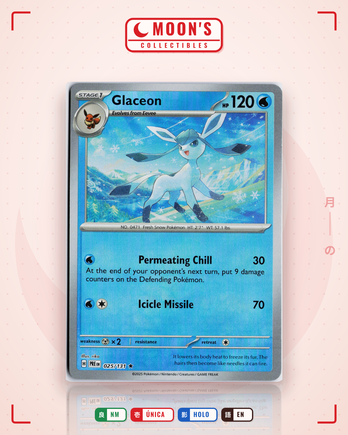 Carta Pokémon Glaceon · Prismatic Evolutions #025/131 (NM) — pieza única en Moon's Collectibles México