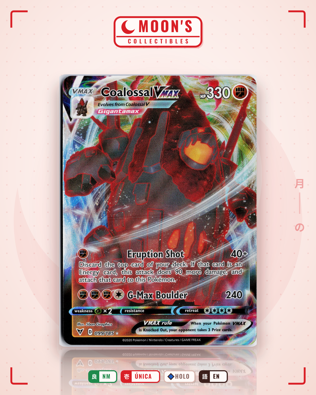 Carta Pokémon Coalossal VMAX · Vivid Voltage #099/185 (NM) — pieza única en Moon's Collectibles México