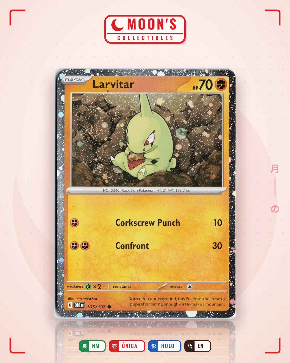 Carta Pokémon Larvitar · Obsidian Flames #105/197 (NM) — pieza única en Moon's Collectibles México