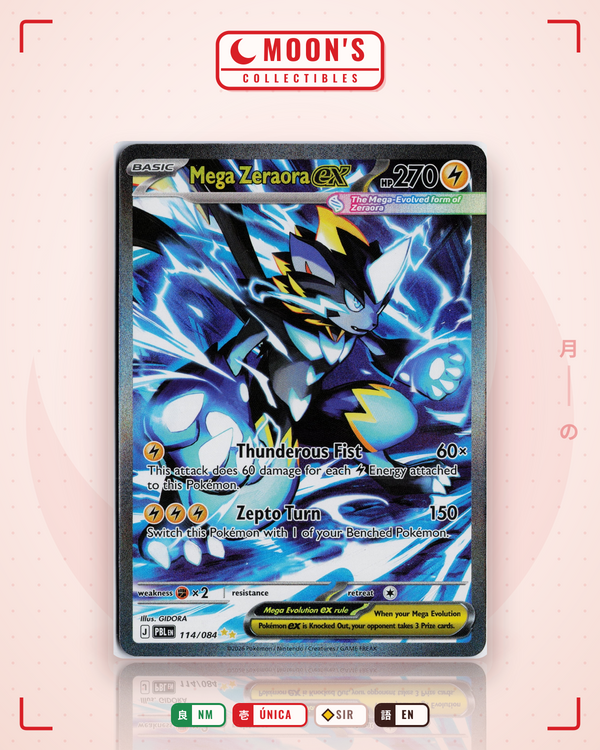 Carta Pokémon Mega Zeraora ex · Pitch Black #114/084 (NM) — pieza única en Moon's Collectibles México