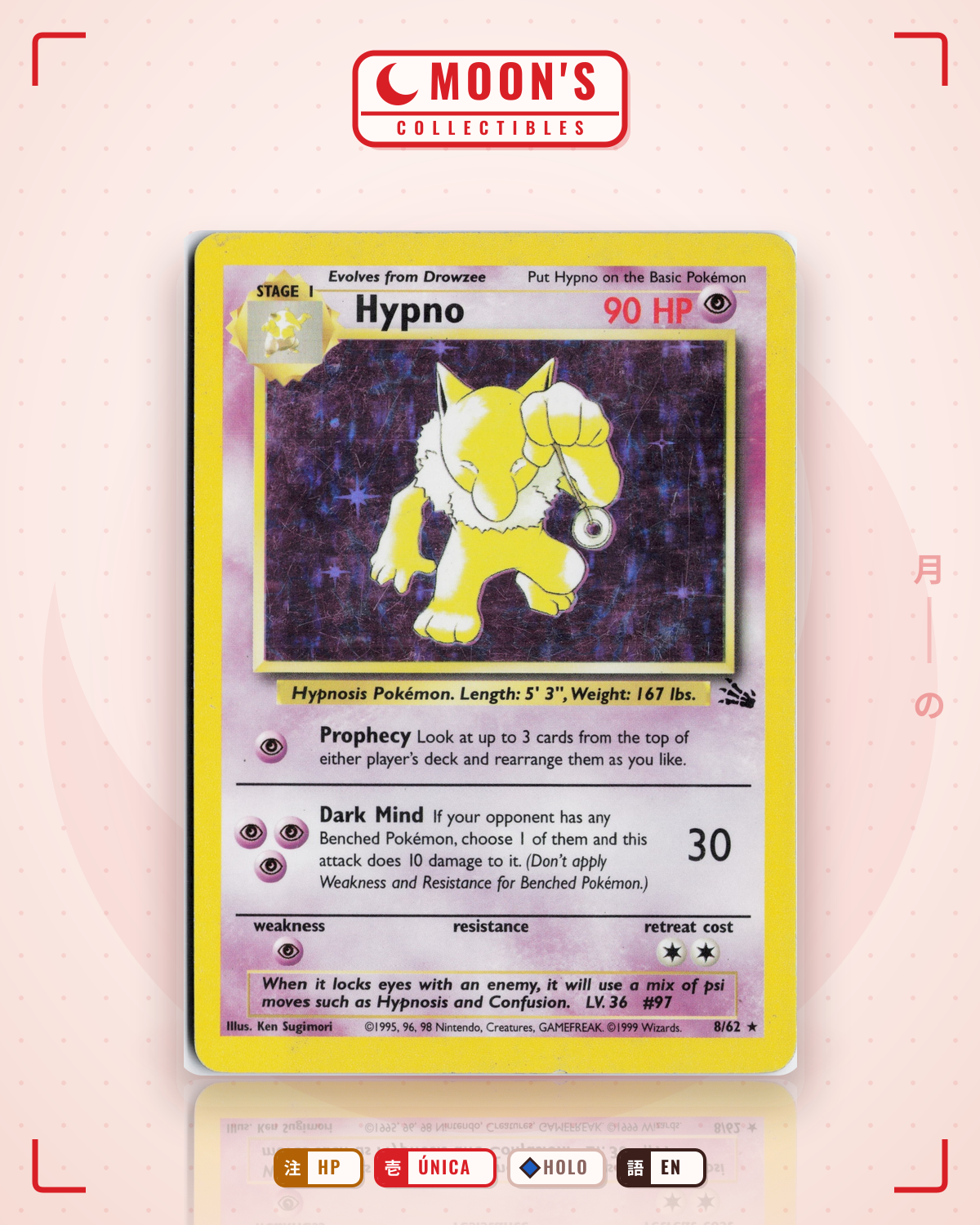 Carta Pokémon Hypno · Fossil #8/62 (HP) — pieza única en Moon's Collectibles México