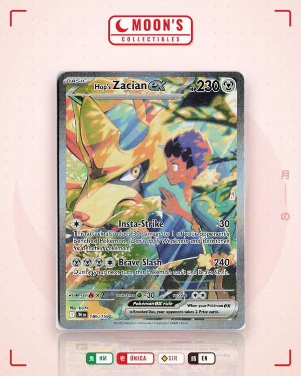 Carta Pokémon Hop's Zacian ex · Journey Together #186/159 (NM) — pieza única en Moon's Collectibles México