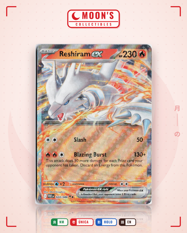 Carta Pokémon Reshiram ex · White Flare #020/086 (NM) — pieza única en Moon's Collectibles México
