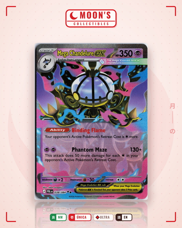 Carta Pokémon Mega Chandelure ex · Pitch Black #038/084 (NM) — pieza única en Moon's Collectibles México