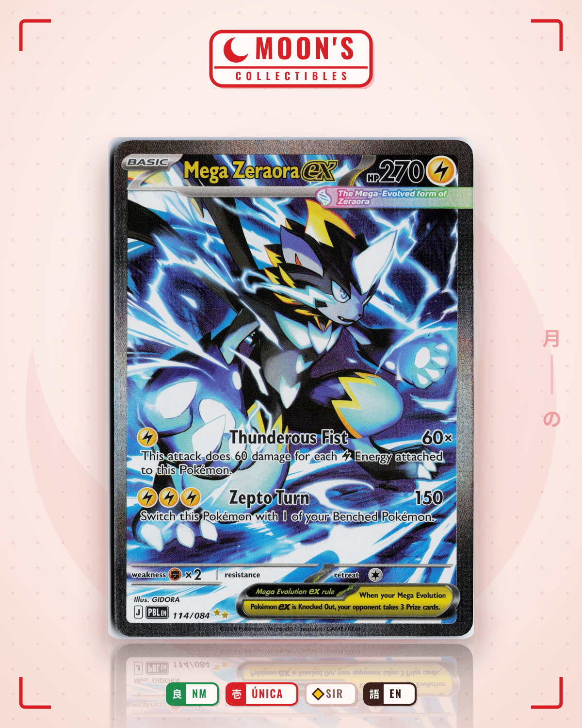 Carta Pokémon Mega Zeraora ex · Pitch Black #114/084 (NM) — pieza única en Moon's Collectibles México