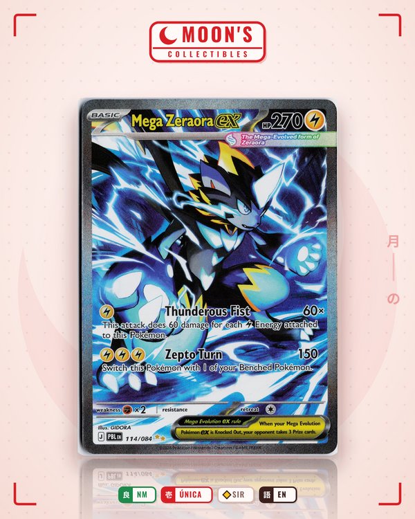 Carta Pokémon Mega Zeraora ex · Pitch Black #114/084 (NM) — pieza única en Moon's Collectibles México