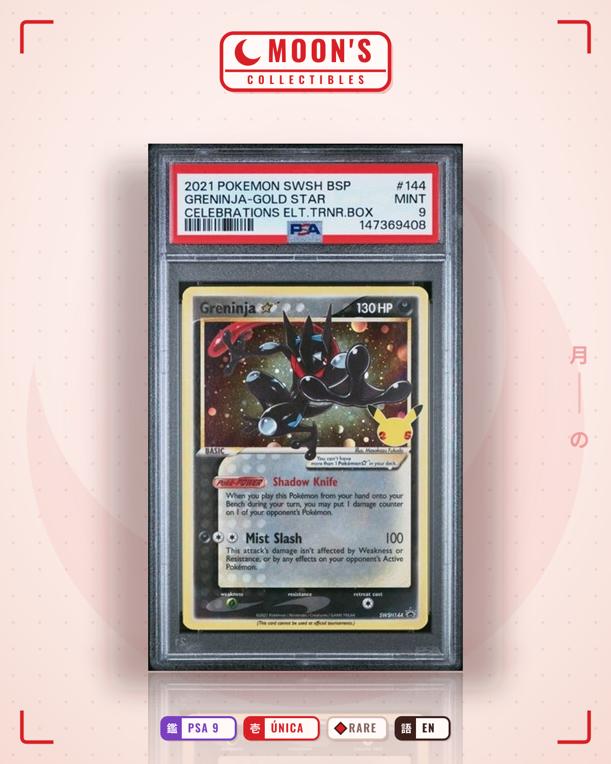 Carta Pokémon Greninja ☆ · SWSH Black Star Promos #SWSH144 (PSA 9) — pieza única en Moon's Collectibles México