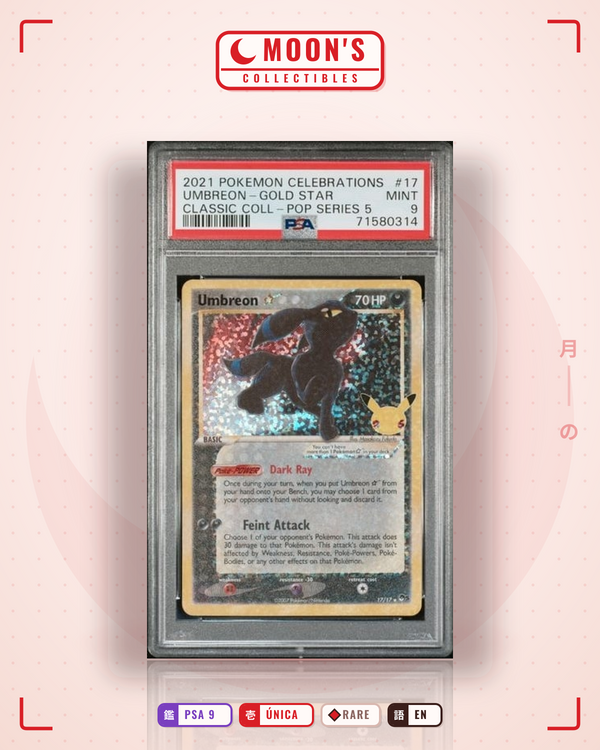 Carta Pokémon Umbreon ☆ · Celebrations: Classic Collection #17 (PSA 9) — pieza única en Moon's Collectibles México