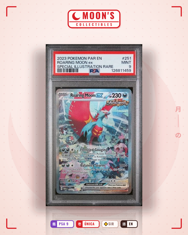 Carta Pokémon Roaring Moon ex · Paradox Rift #251/182 (PSA 9) — pieza única en Moon's Collectibles México