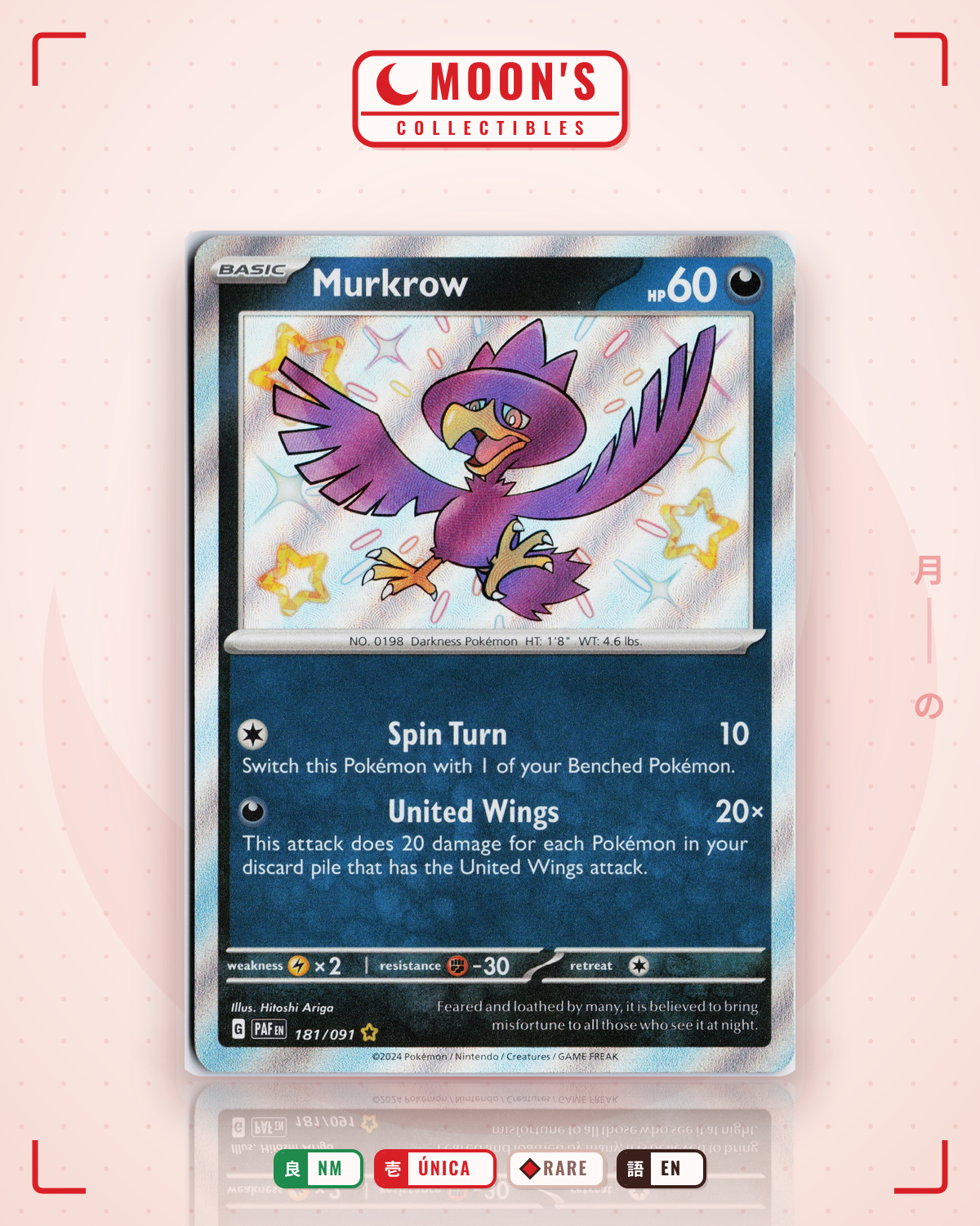 Carta Pokémon Murkrow · Paldean Fates #181/091 (NM) — pieza única en Moon's Collectibles México
