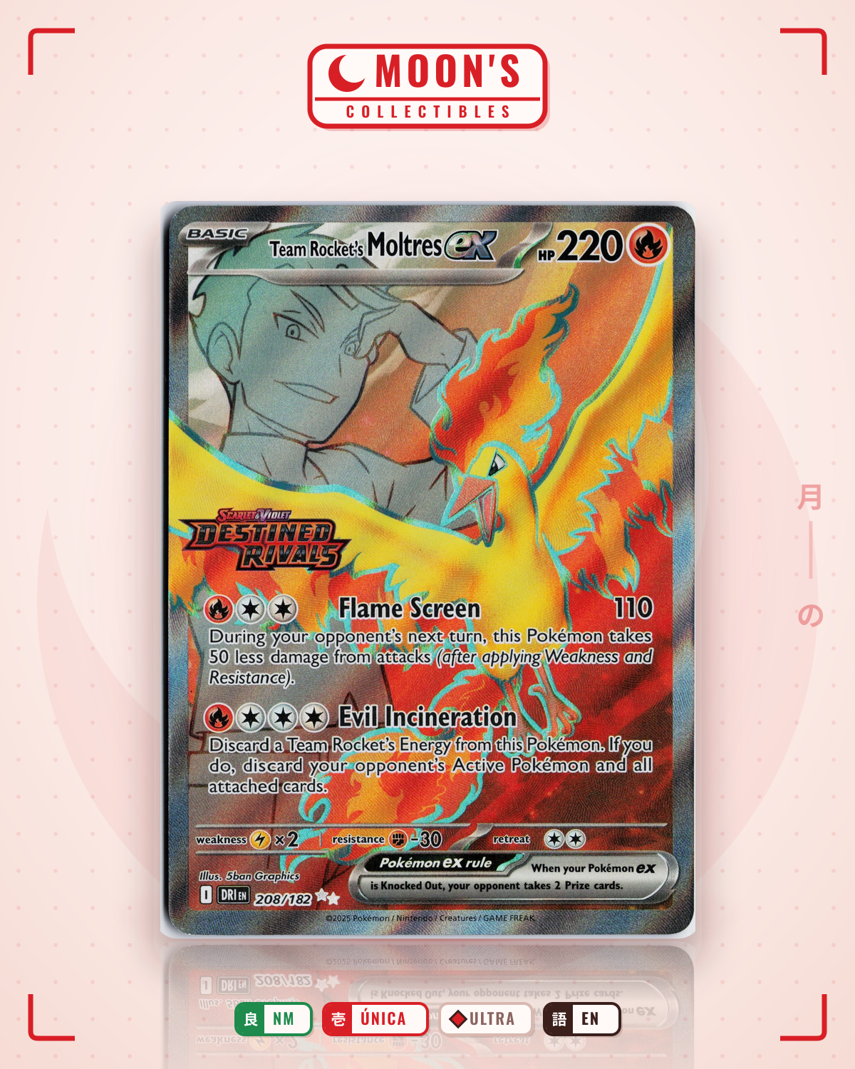 Carta Pokémon Team Rocket's Moltres ex · Destined Rivals #208/182 (NM) — pieza única en Moon's Collectibles México