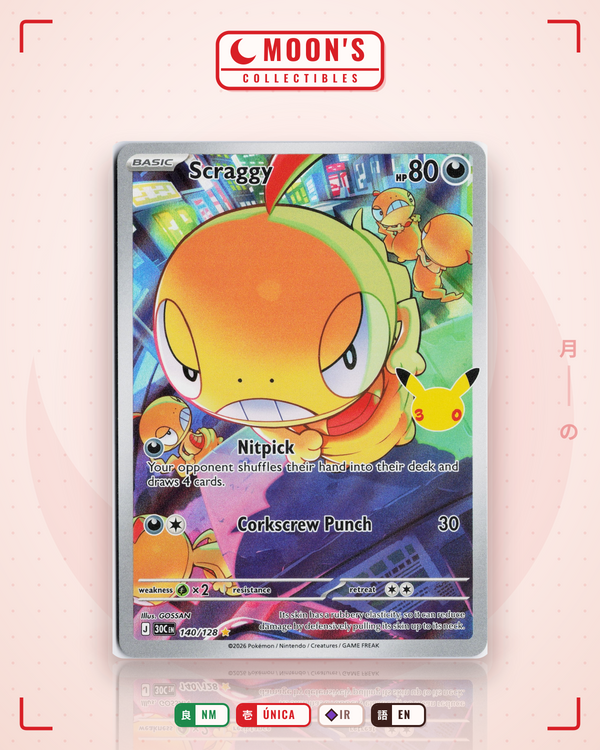 Carta Pokémon Scraggy · 30th Celebration #140/128 (NM) — pieza única en Moon's Collectibles México