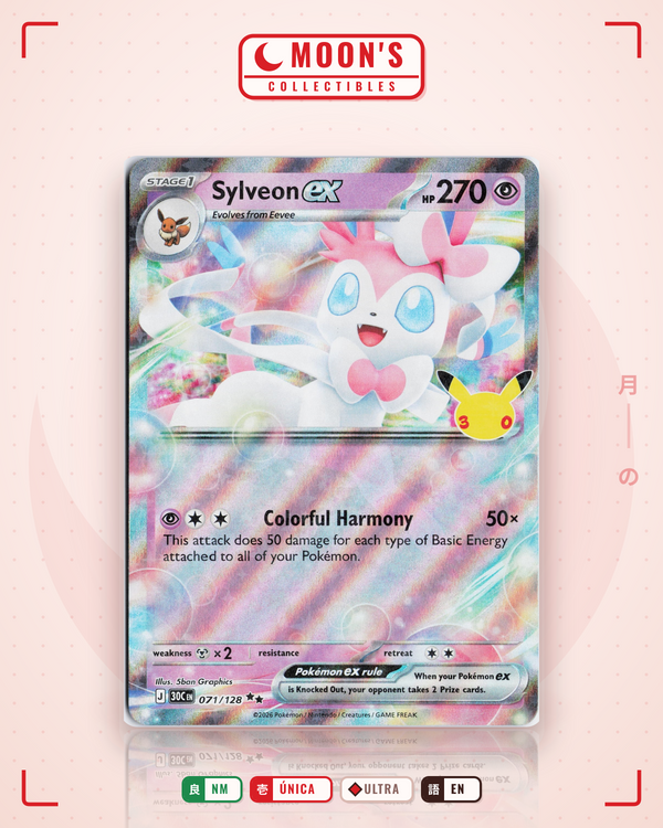 Carta Pokémon Sylveon ex · 30th Celebration #071/128 (NM) — pieza única en Moon's Collectibles México