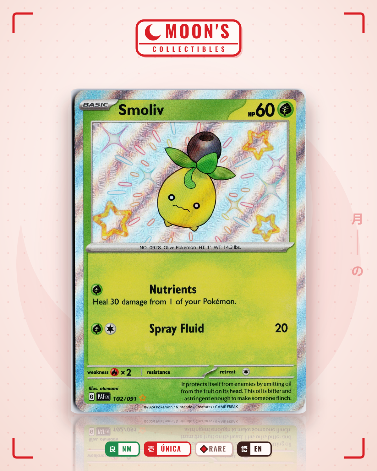 Carta Pokémon Smoliv · Paldean Fates #102/091 (NM) — pieza única en Moon's Collectibles México