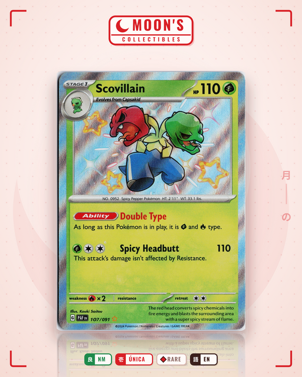 Carta Pokémon Scovillain · Paldean Fates #107/091 (NM) — pieza única en Moon's Collectibles México