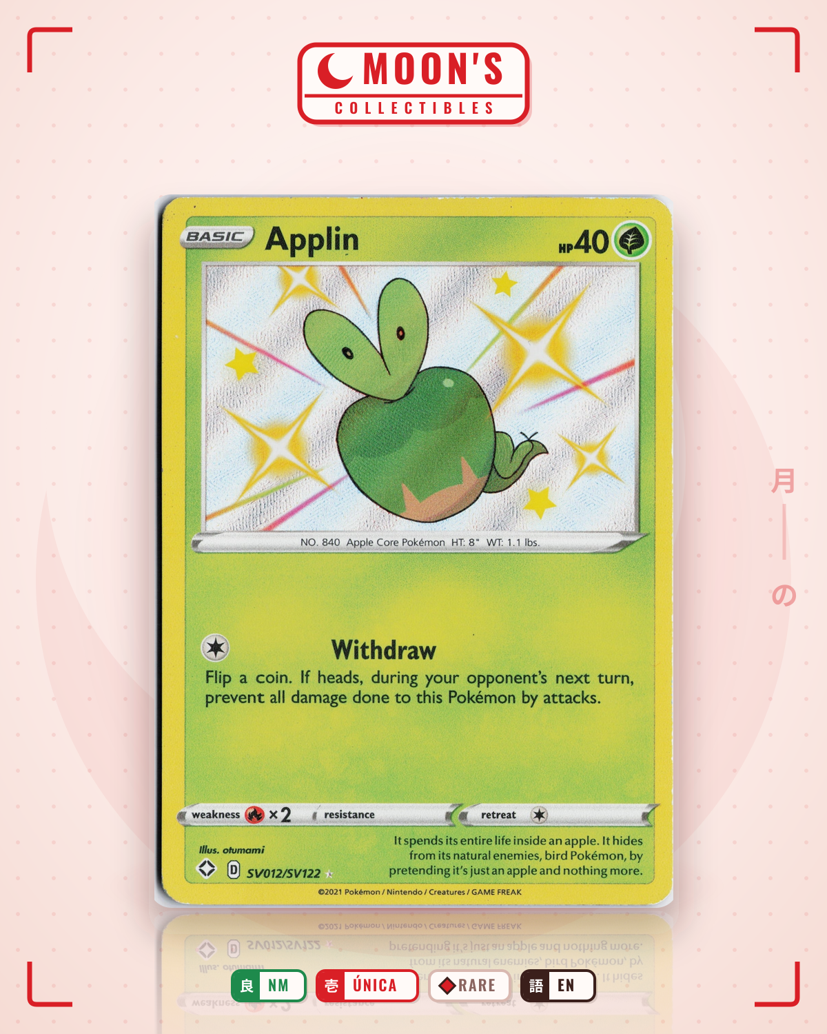 Carta Pokémon Applin · Shining Fates Shiny Vault #SV012/SV122 (NM) — pieza única en Moon's Collectibles México