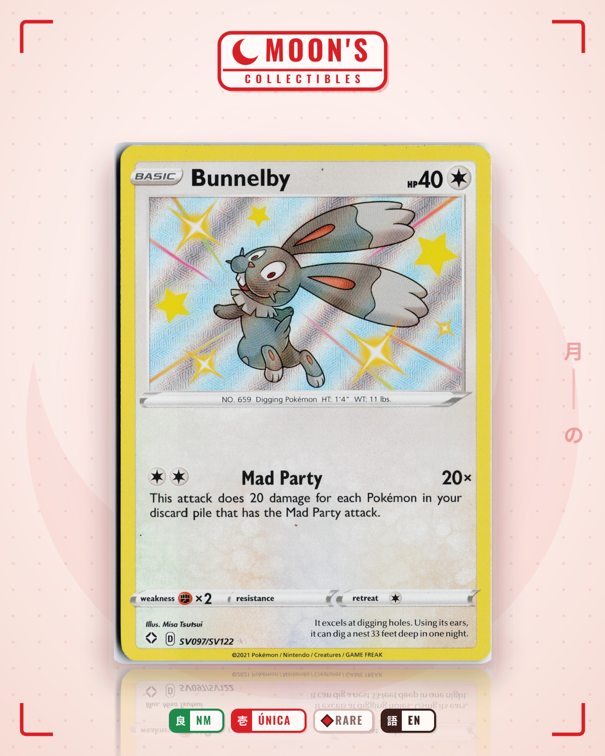 Carta Pokémon Bunnelby · Shining Fates Shiny Vault #SV097/SV122 (NM) — pieza única en Moon's Collectibles México