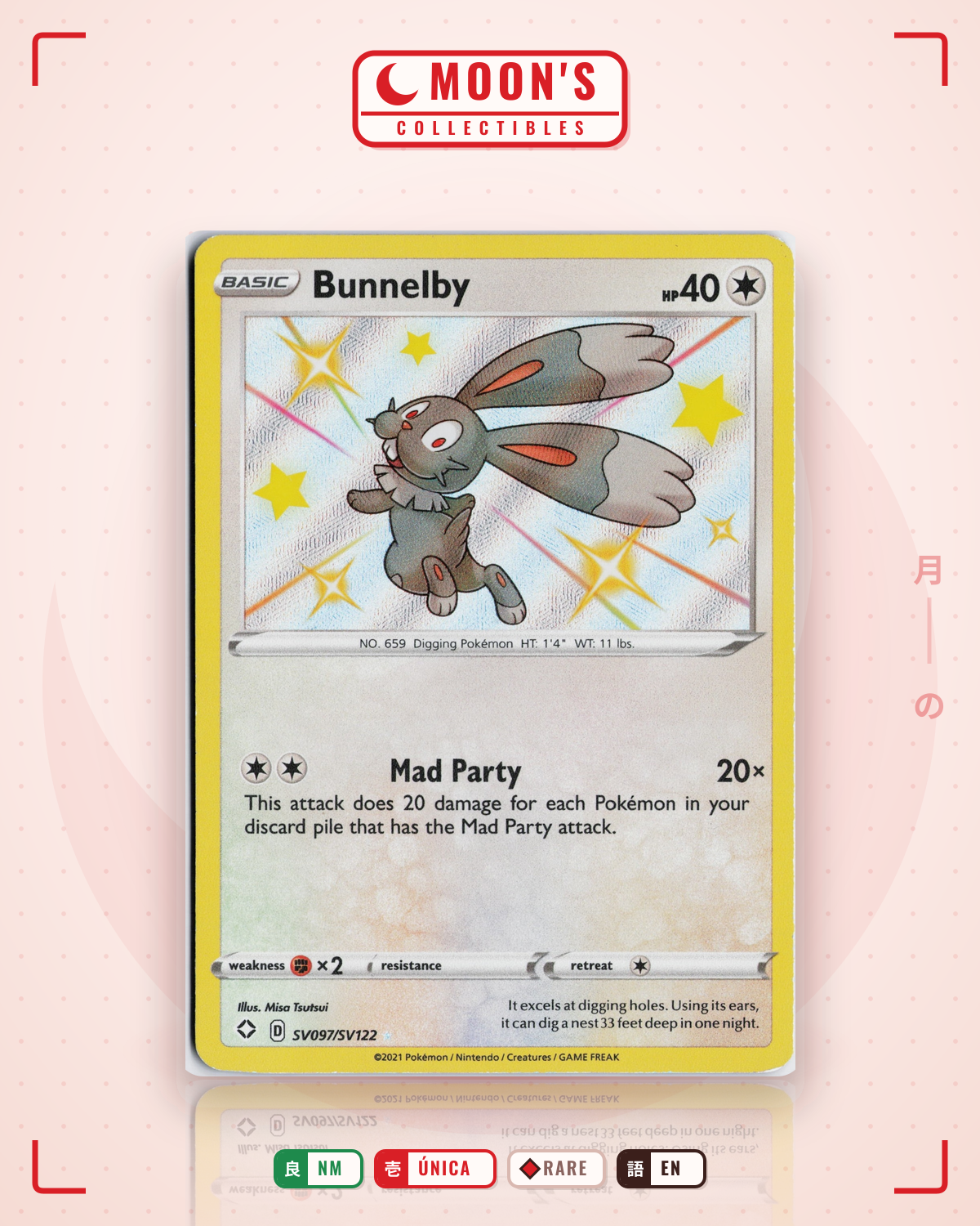 Carta Pokémon Bunnelby · Shining Fates Shiny Vault #SV097/SV122 (NM) — pieza única en Moon's Collectibles México