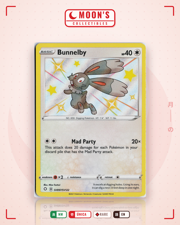 Carta Pokémon Bunnelby · Shining Fates Shiny Vault #SV097/SV122 (NM) — pieza única en Moon's Collectibles México