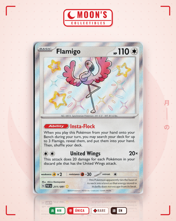 Carta Pokémon Flamigo · Paldean Fates #211/091 (NM) — pieza única en Moon's Collectibles México