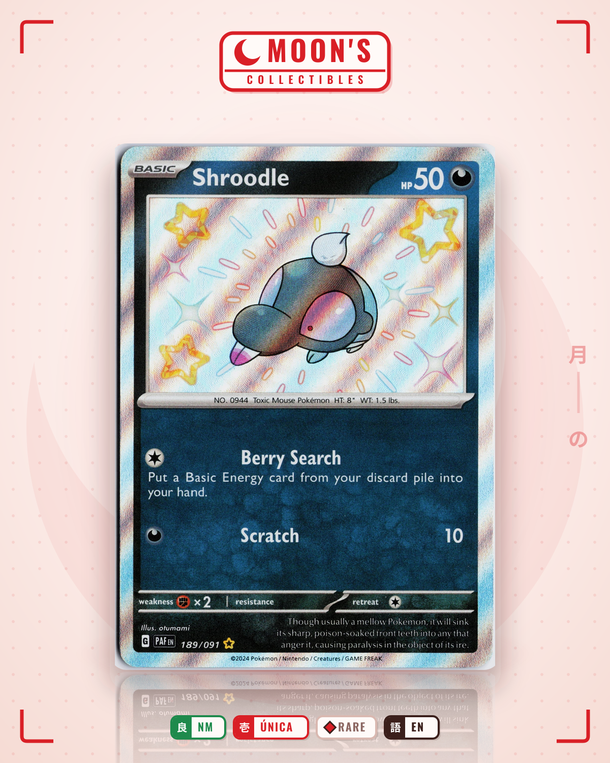 Carta Pokémon Shroodle · Paldean Fates #189/091 (NM) — pieza única en Moon's Collectibles México