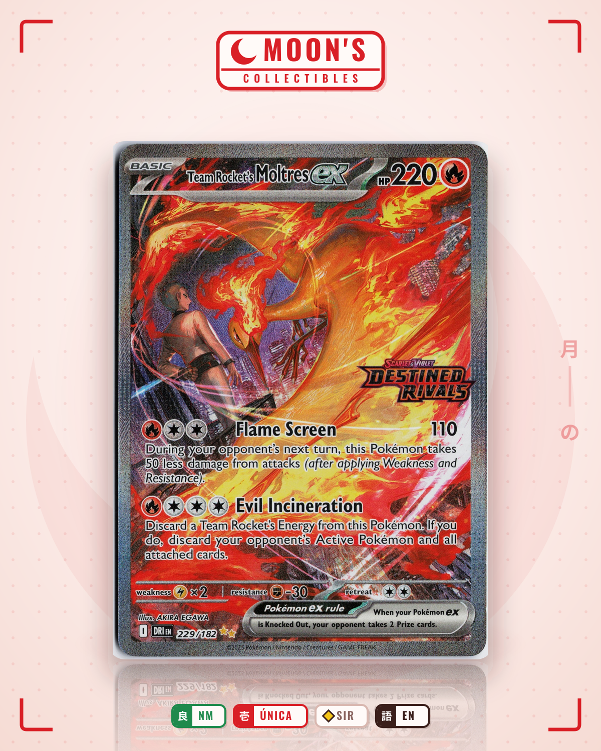Carta Pokémon Team Rocket's Moltres ex · Destined Rivals #229/182 (NM) — pieza única en Moon's Collectibles México