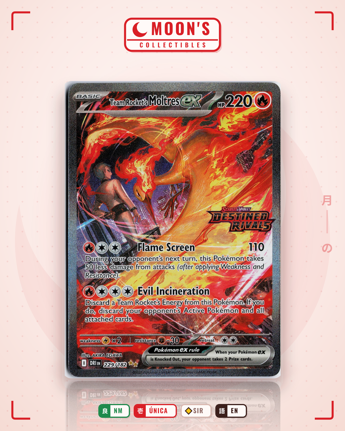 Carta Pokémon Team Rocket's Moltres ex · Destined Rivals #229/182 (NM) — pieza única en Moon's Collectibles México