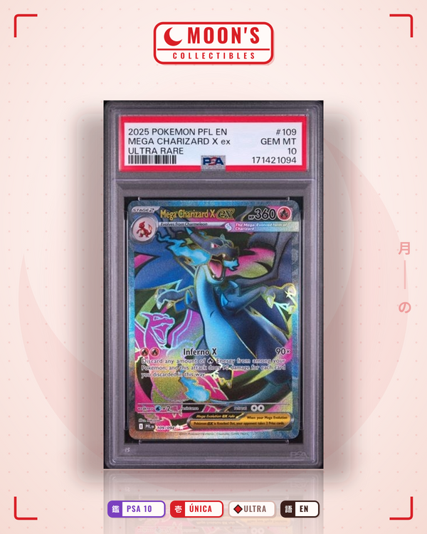 Carta Pokémon Mega Charizard X ex · Phantasmal Flames #109/094 (PSA 10) — pieza única en Moon's Collectibles México