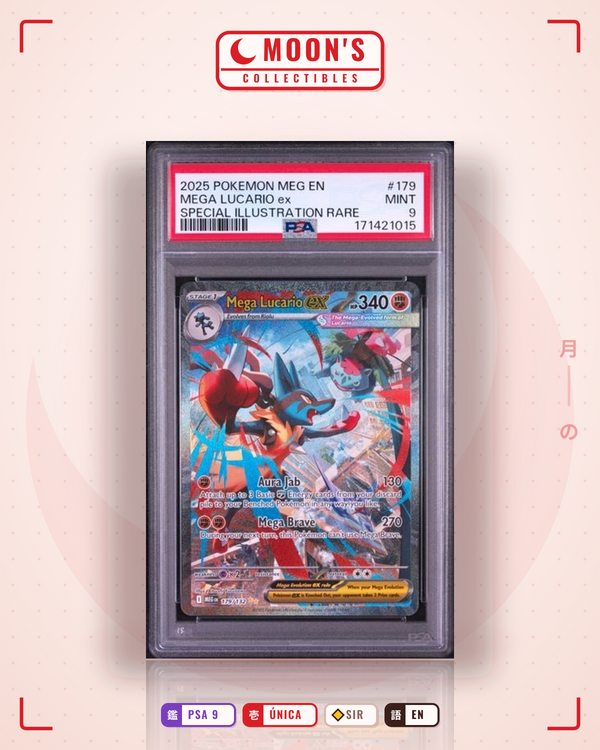 Carta Pokémon Mega Lucario ex · Mega Evolution #179/132 (PSA 9) — pieza única en Moon's Collectibles México