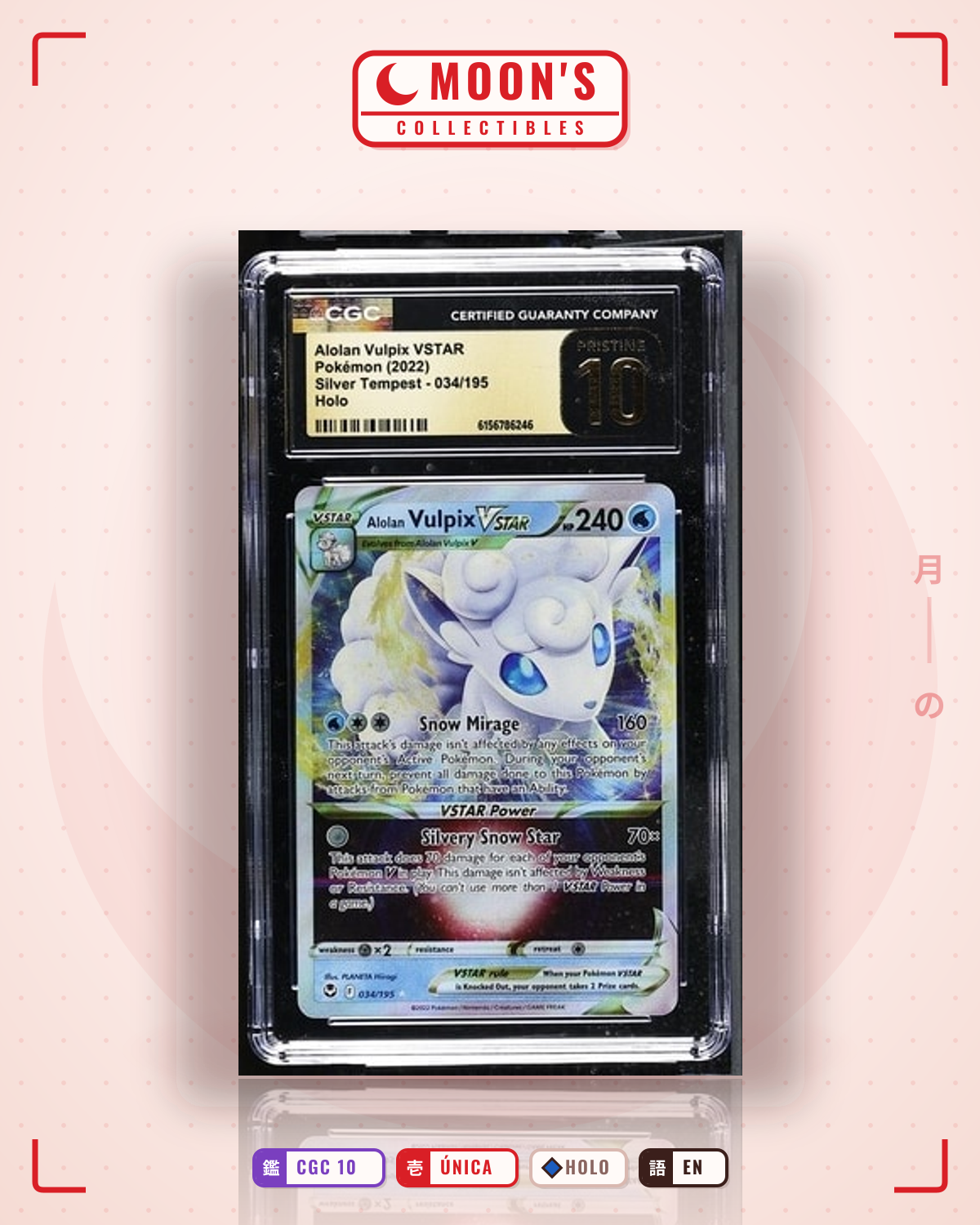 Carta Pokémon Alolan Vulpix VSTAR · Silver Tempest #034/195 (CGC 10) — pieza única en Moon's Collectibles México