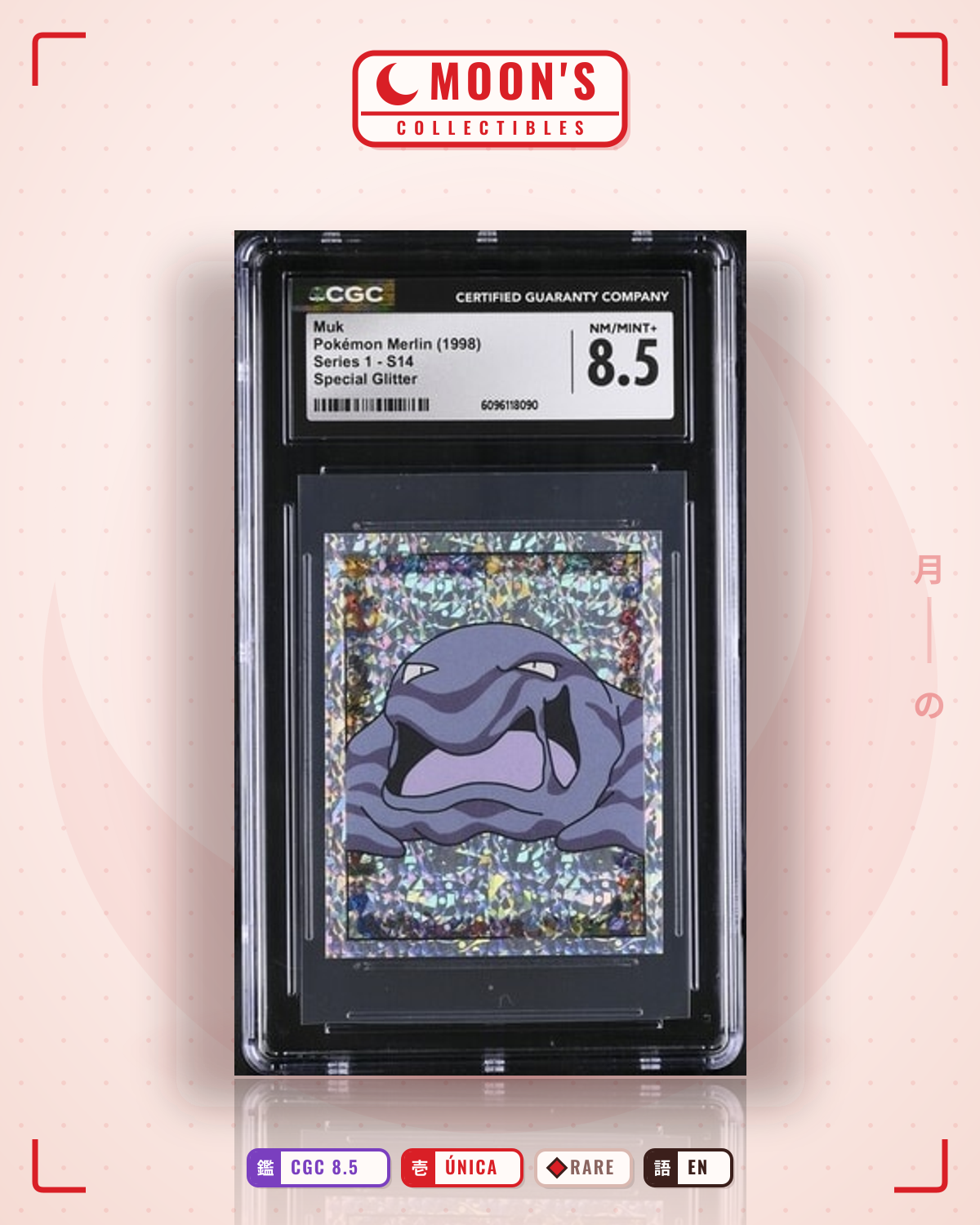Carta Pokémon Muk Special Glitter · Pokemon Merlin 1998 #S 14 (CGC 8.5) — pieza única en Moon's Collectibles México