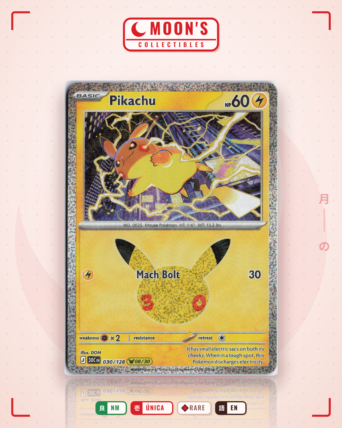 Carta Pokémon Pikachu · 30th Celebration #030/128 (NM) — pieza única en Moon's Collectibles México