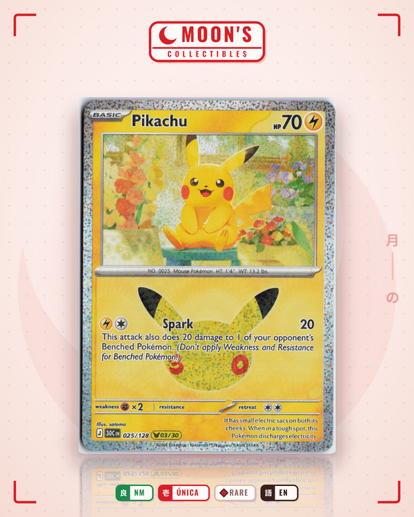 Carta Pokémon Pikachu · 30th Celebration #025/128 (NM) — pieza única en Moon's Collectibles México