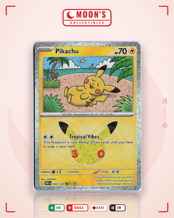 Carta Pokémon Pikachu · 30th Celebration #043/128 (NM) — pieza única en Moon's Collectibles México