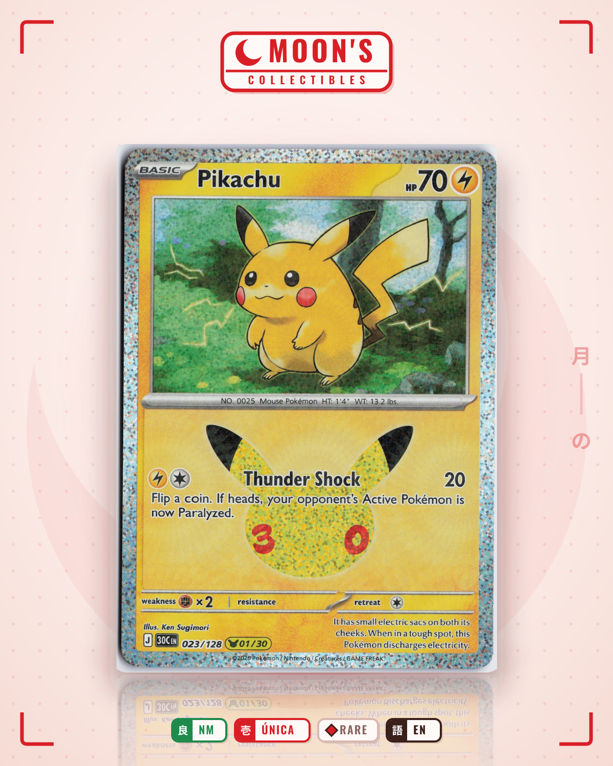 Carta Pokémon Pikachu · 30th Celebration #023/128 (NM) — pieza única en Moon's Collectibles México
