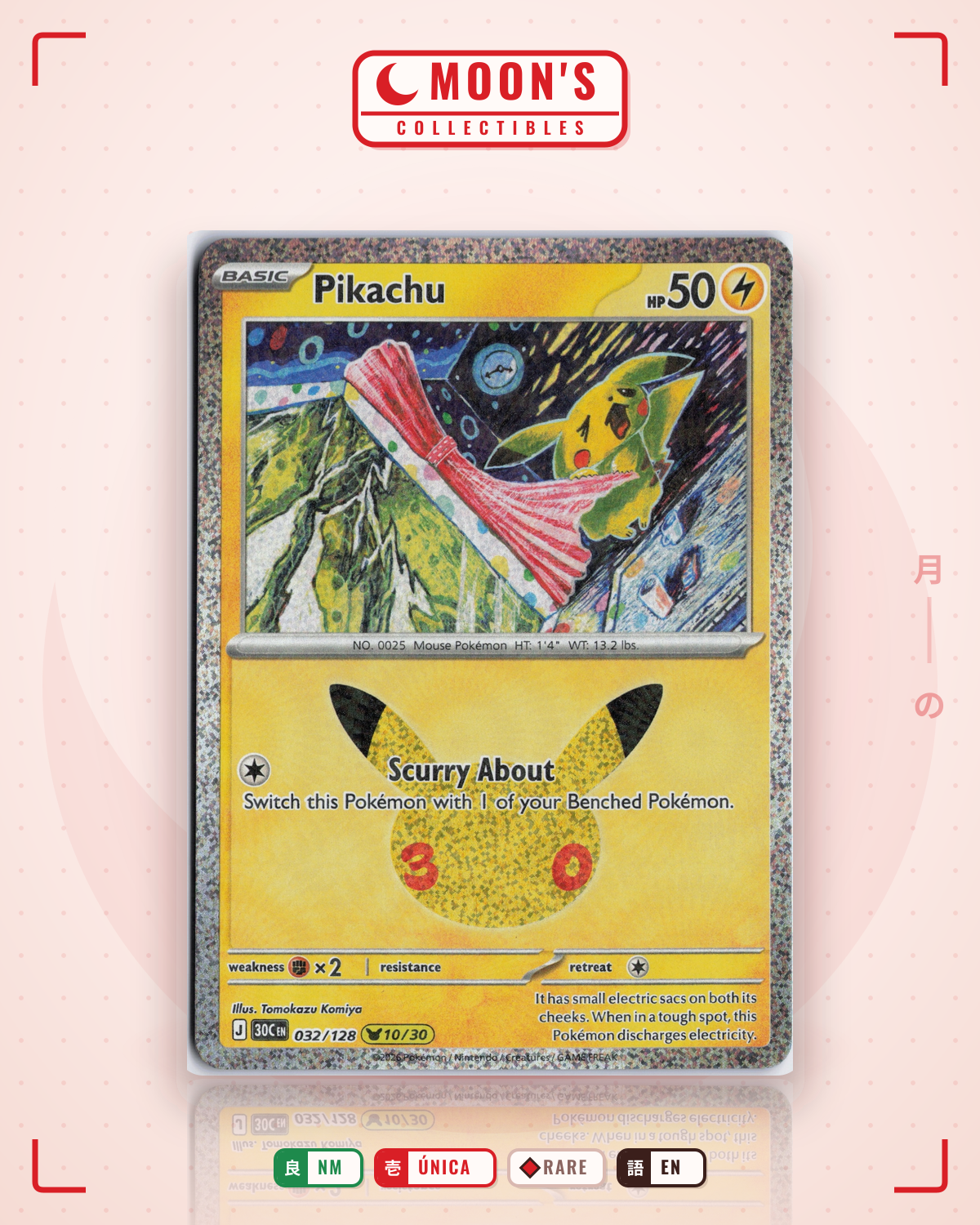 Carta Pokémon Pikachu · 30th Celebration #032/128 (NM) — pieza única en Moon's Collectibles México