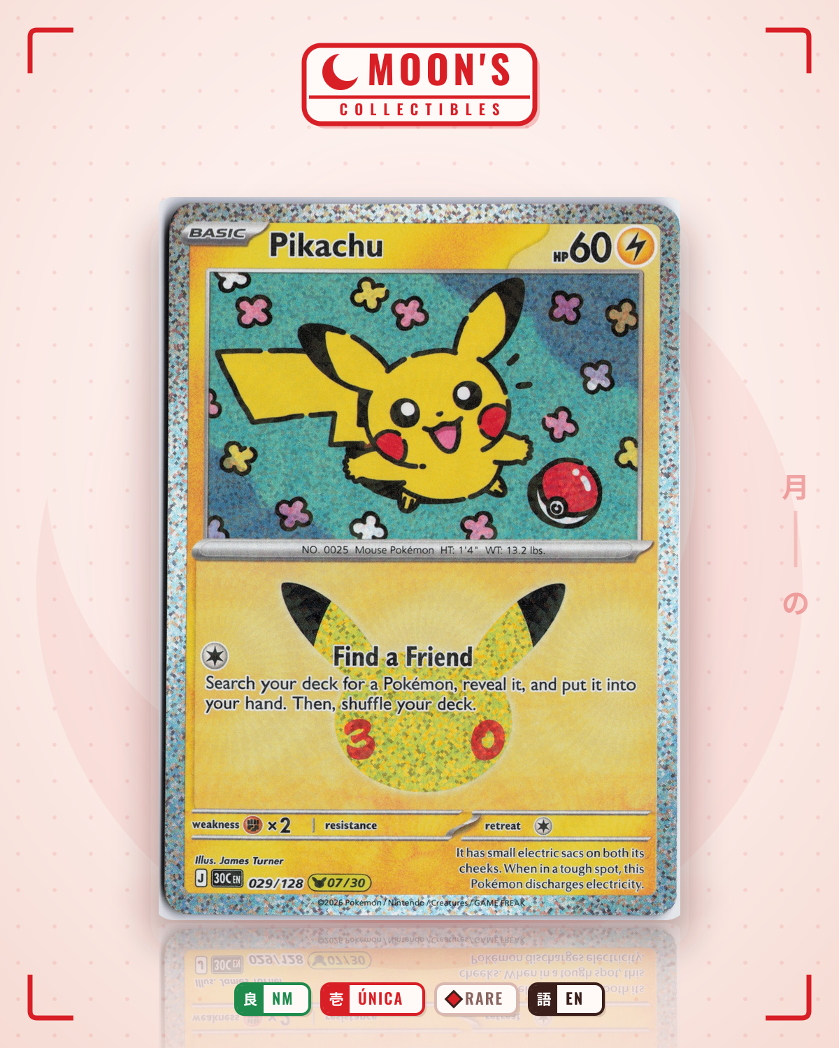 Carta Pokémon Pikachu · 30th Celebration #029/128 (NM) — pieza única en Moon's Collectibles México