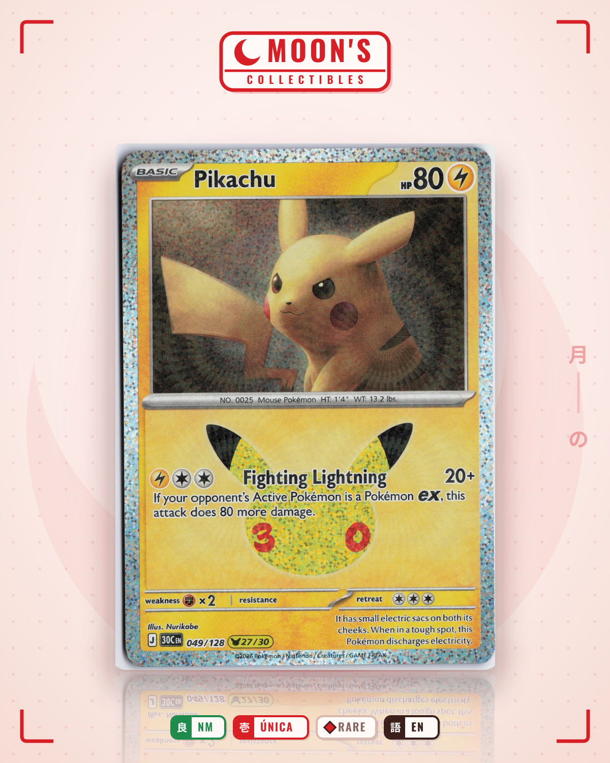 Carta Pokémon Pikachu · 30th Celebration #049/128 (NM) — pieza única en Moon's Collectibles México