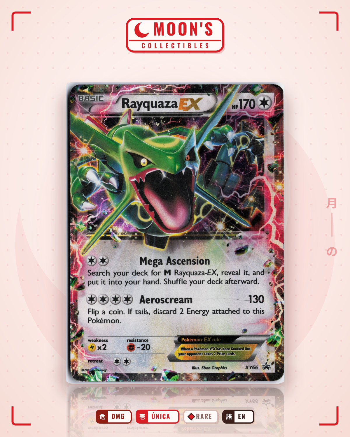 Carta Pokémon Rayquaza-EX · XY Black Star Promos #XY66 (DMG) — pieza única en Moon's Collectibles México