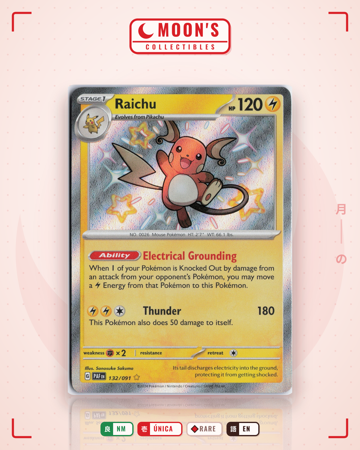 Carta Pokémon Raichu · Paldean Fates #132/091 (NM) — pieza única en Moon's Collectibles México