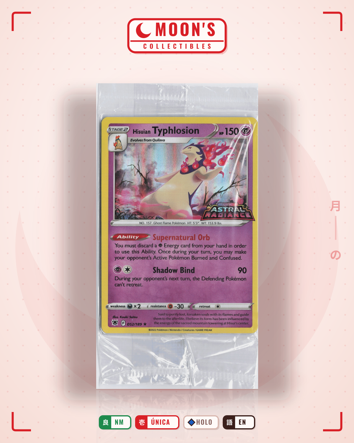 Carta Pokémon Hisuian Typhlosion · Astral Radiance #052/189 (NM) — pieza única en Moon's Collectibles México