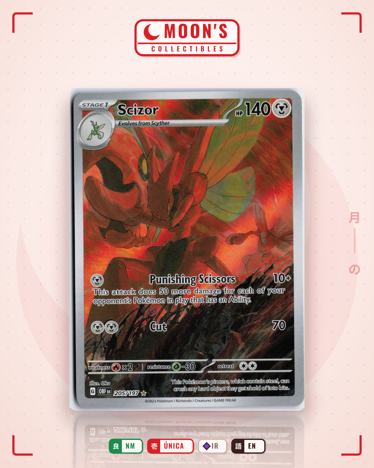 Carta Pokémon Scizor · Obsidian Flames #205/197 (NM) — pieza única en Moon's Collectibles México