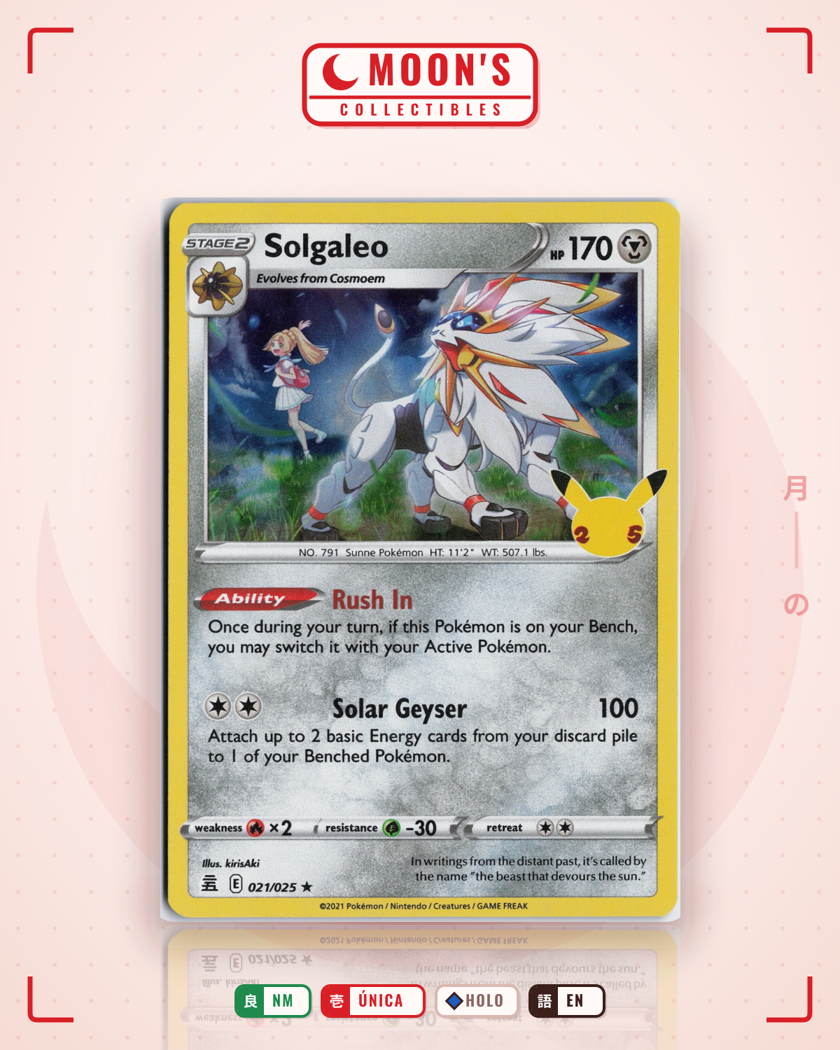 Carta Pokémon Solgaleo · Celebrations #21 (NM) — pieza única en Moon's Collectibles México