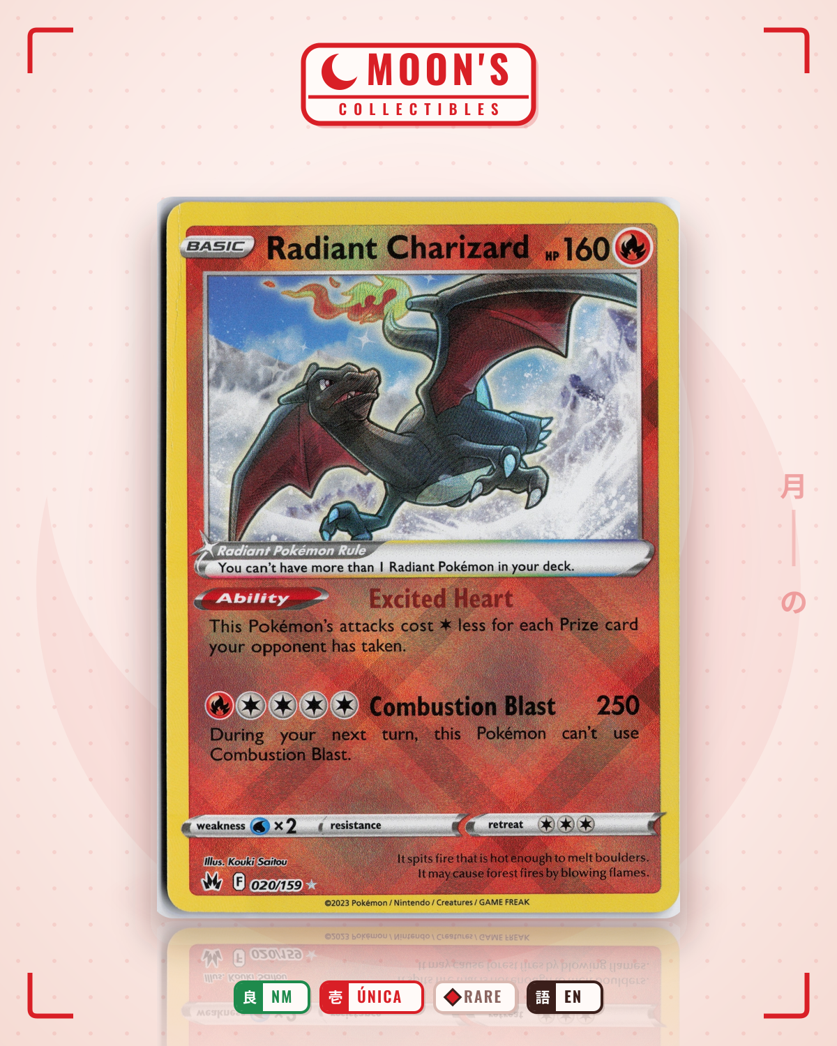 Carta Pokémon Radiant Charizard · Crown Zenith #020/159 (NM) — pieza única en Moon's Collectibles México