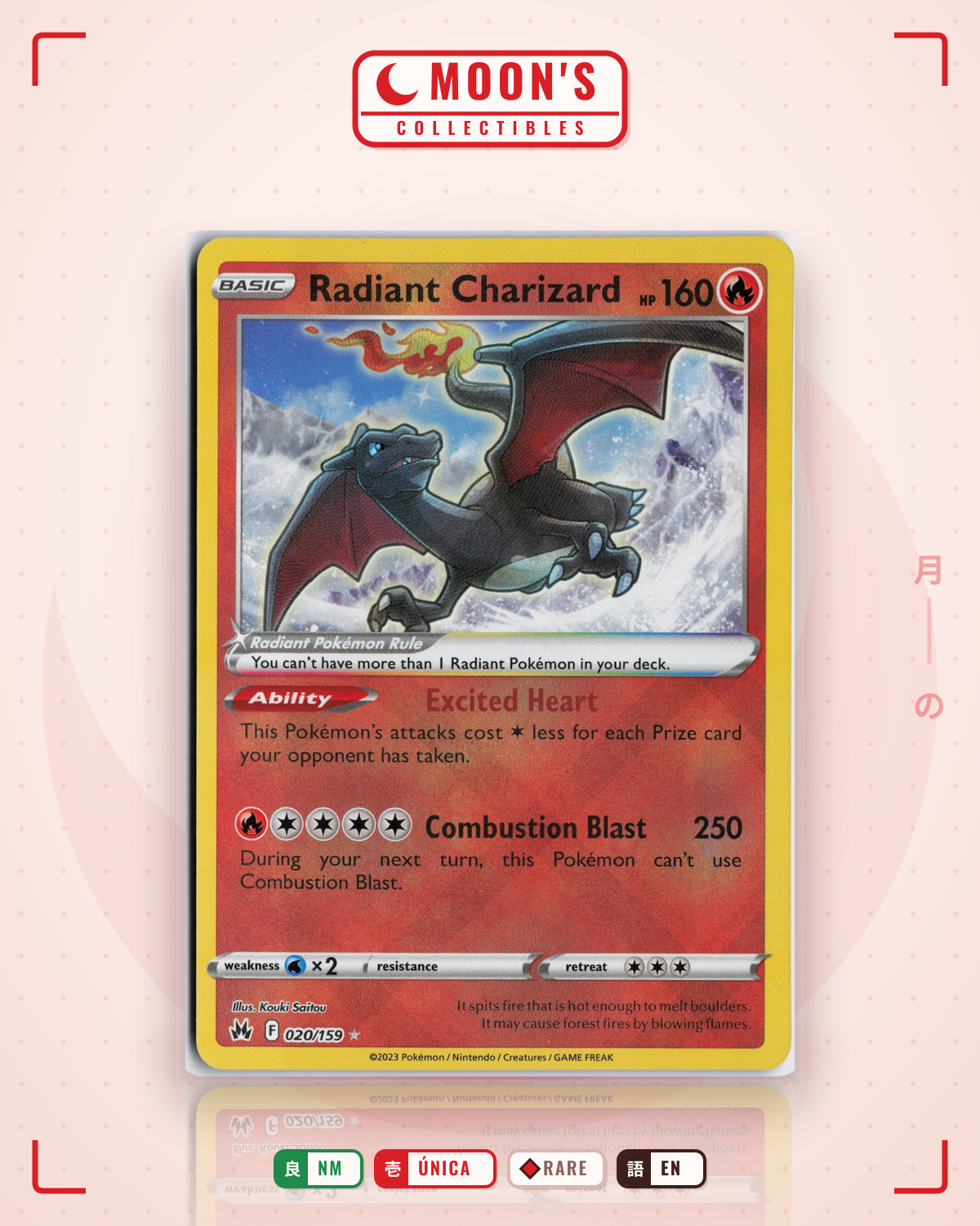 Carta Pokémon Radiant Charizard · Crown Zenith #020/159 (NM) — pieza única en Moon's Collectibles México