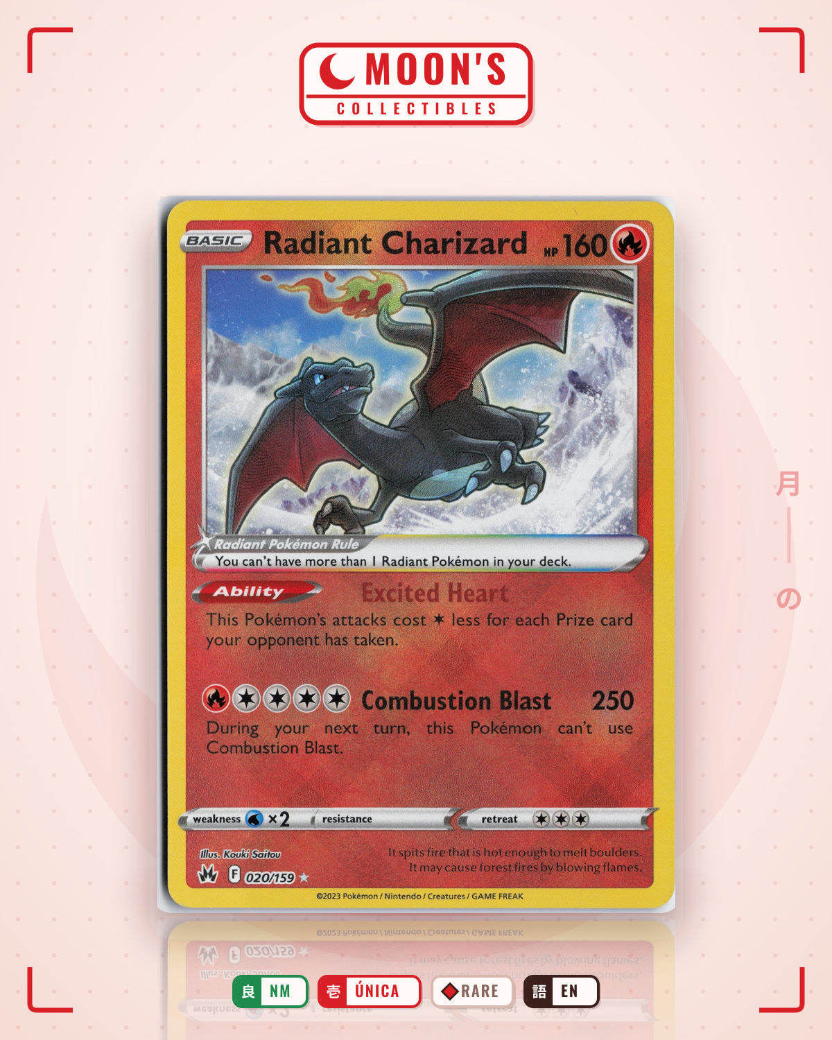 Carta Pokémon Radiant Charizard · Crown Zenith #020/159 (NM) — pieza única en Moon's Collectibles México