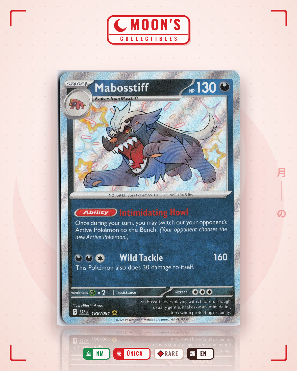 Carta Pokémon Mabosstiff · Paldean Fates #188/091 (NM) — pieza única en Moon's Collectibles México